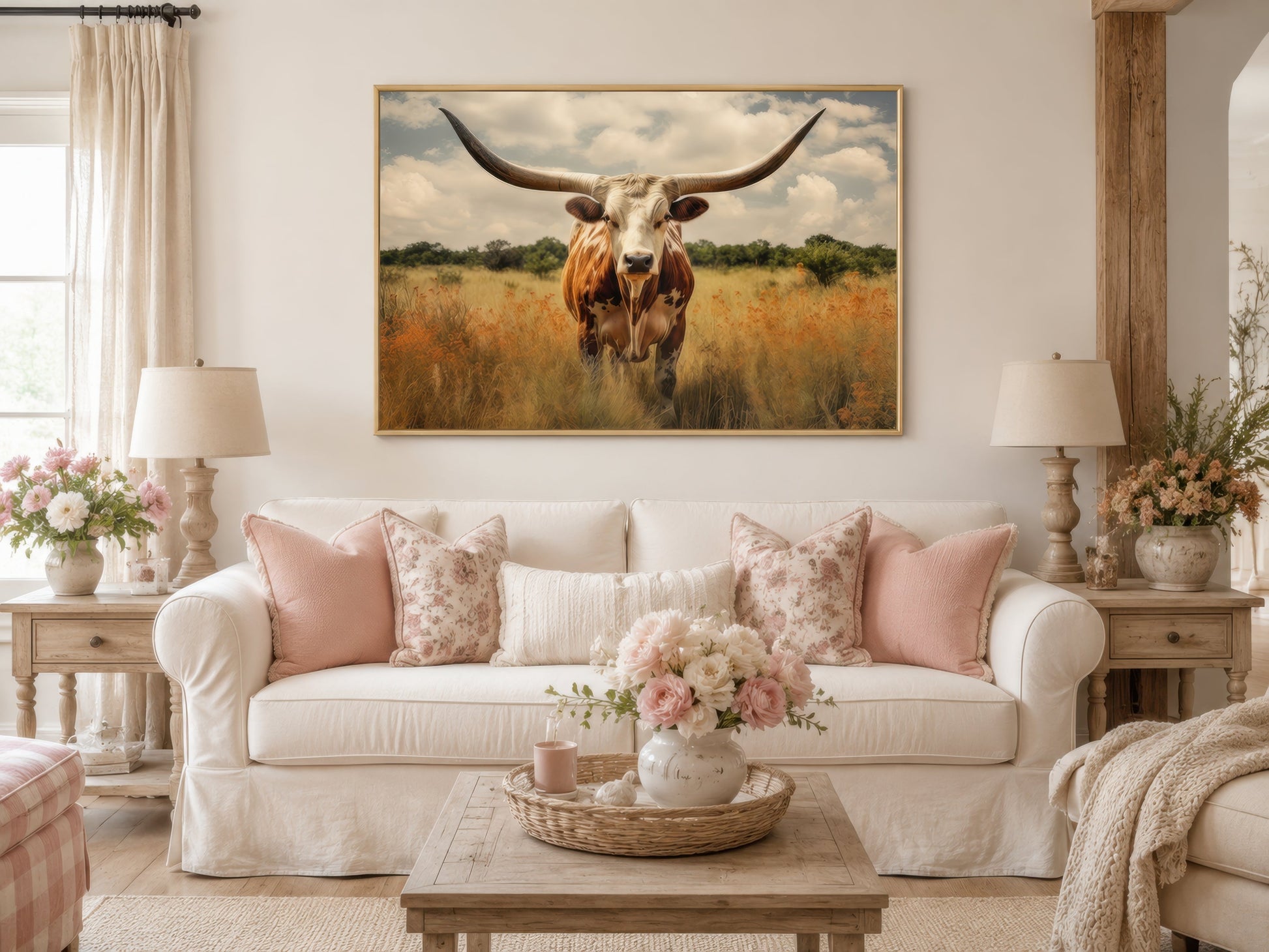 Texas Longhorn Cow In The Field Muted Colors Framed Canvas Wall Art