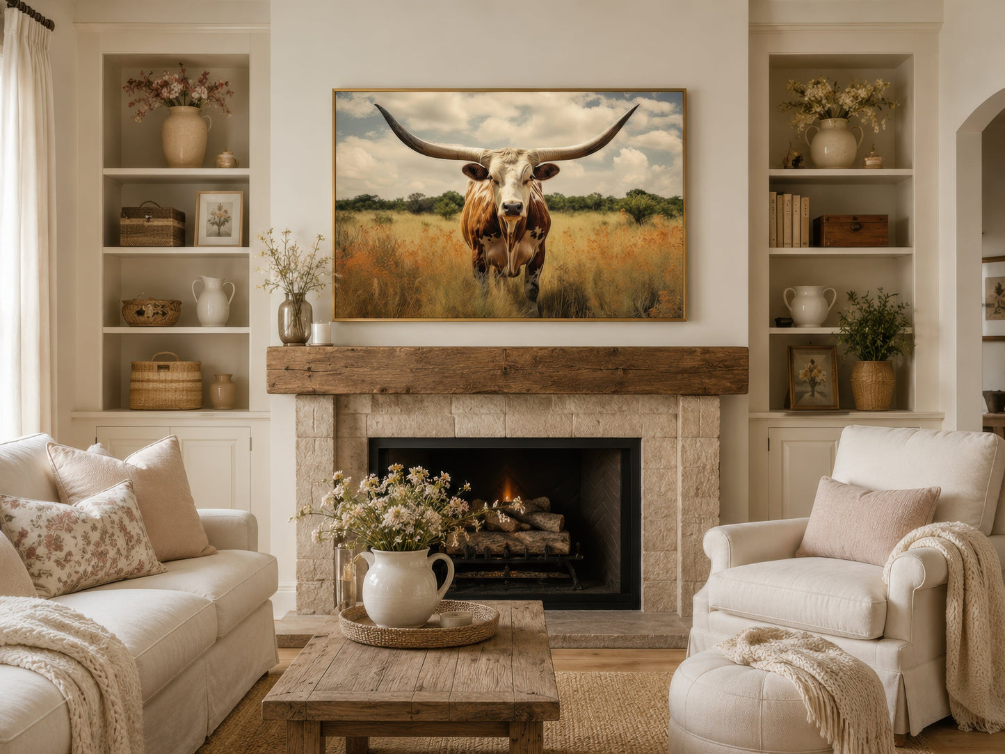 Texas Longhorn Cow In The Field Muted Colors Framed Canvas Wall Art
