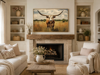 Texas Longhorn Cow In The Field Muted Colors Framed Canvas Wall Art