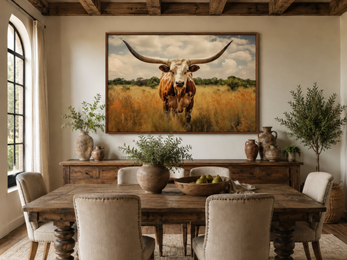 Texas Longhorn Cow In The Field Muted Colors Framed Canvas Wall Art