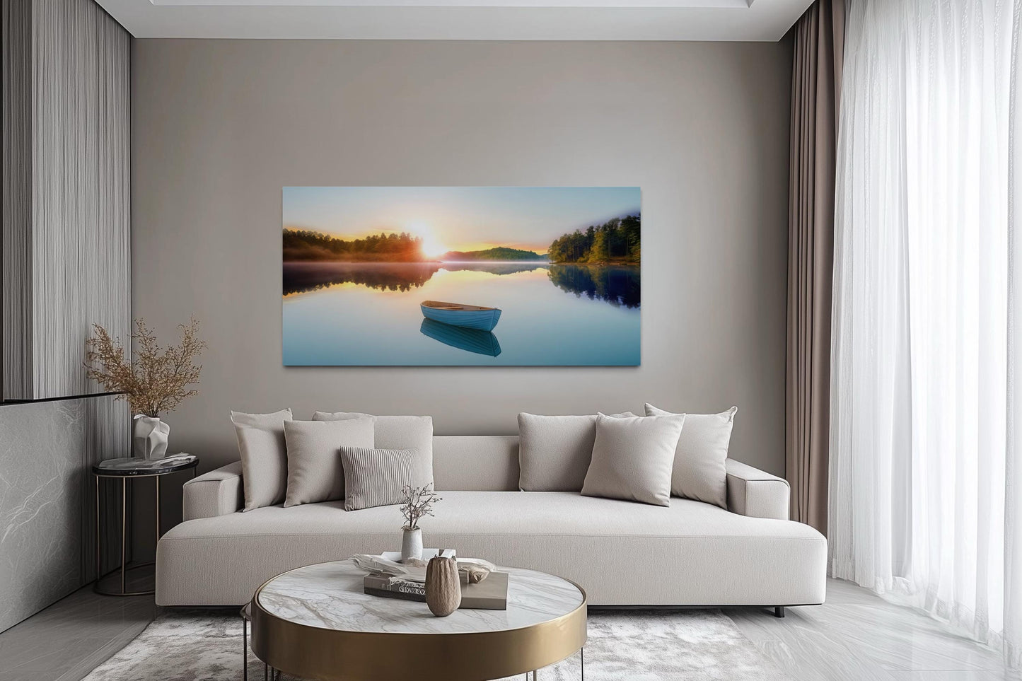 Serene Lake Sunrise With Boat Canvas Wall Art
