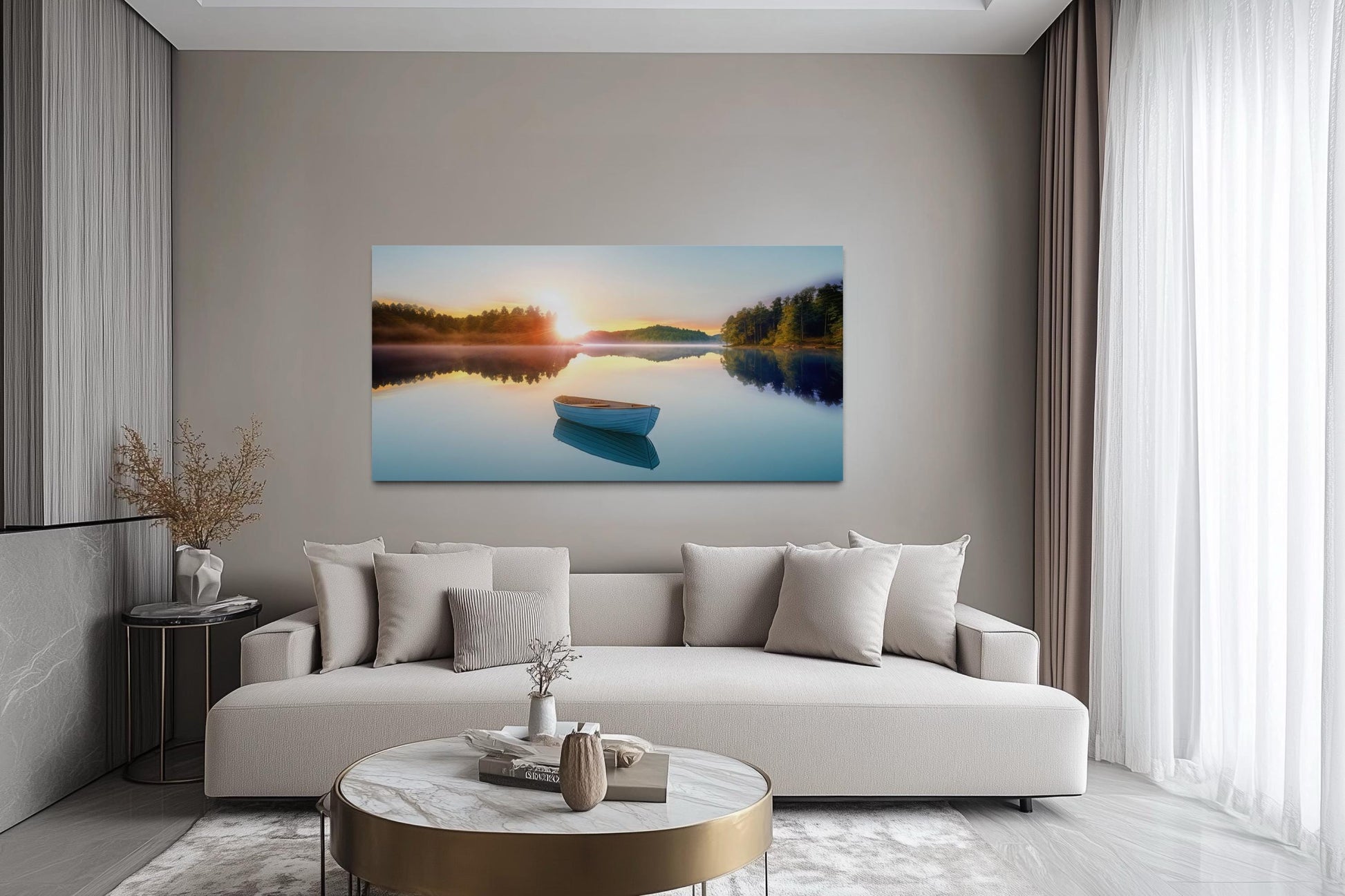 Serene Lake Sunrise With Boat Canvas Wall Art