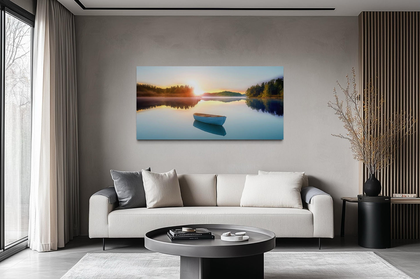 Serene Lake Sunrise With Boat Canvas Wall Art