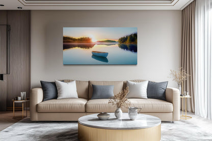 Serene Lake Sunrise With Boat Canvas Wall Art