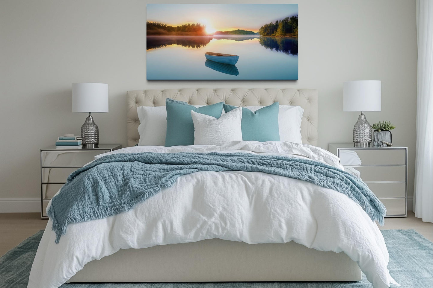 Serene Lake Sunrise With Boat Canvas Wall Art