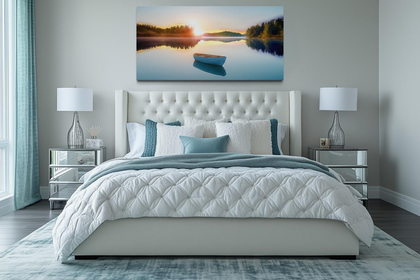 Serene Lake Sunrise With Boat Canvas Wall Art