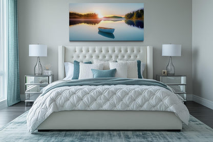 Serene Lake Sunrise With Boat Canvas Wall Art