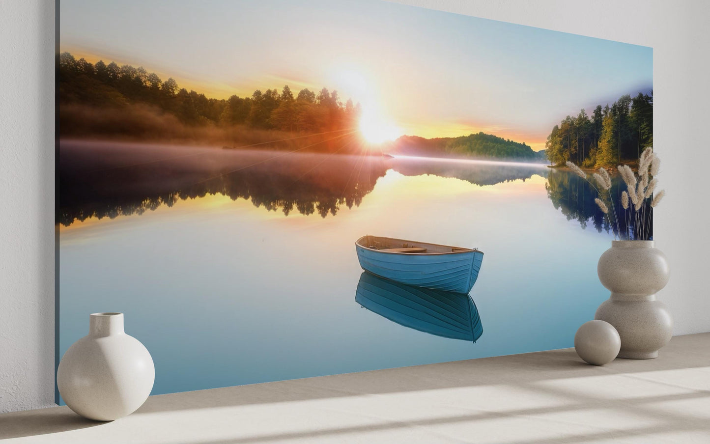 Serene Lake Sunrise With Boat Canvas Wall Art