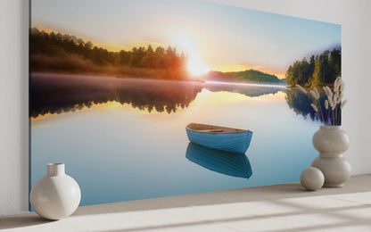 Serene Lake Sunrise With Boat Canvas Wall Art