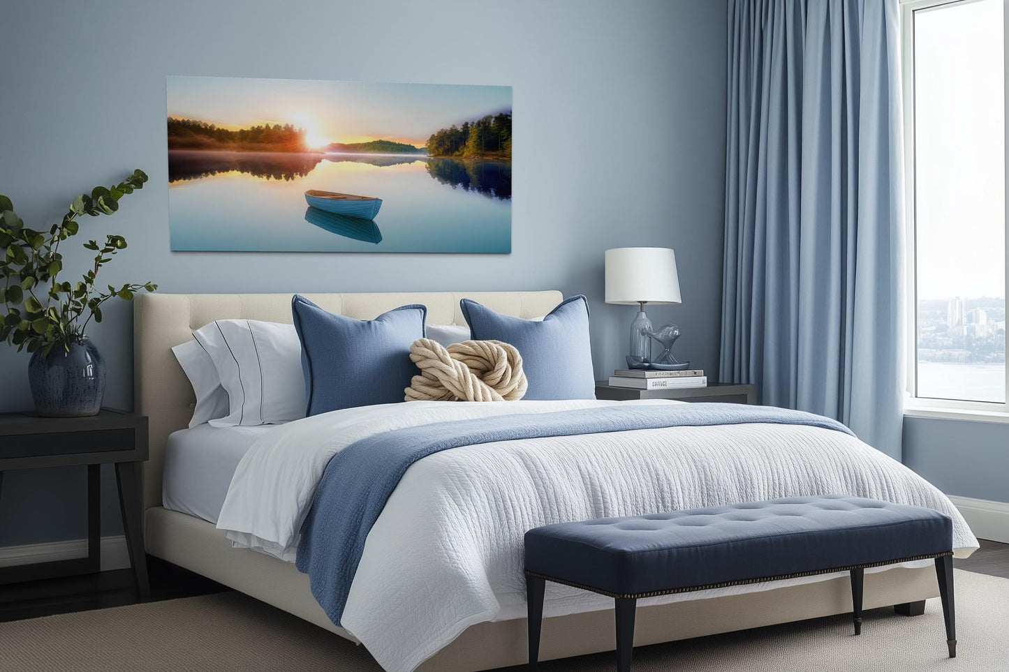 Serene Lake Sunrise With Boat Canvas Wall Art