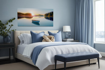 Serene Lake Sunrise With Boat Canvas Wall Art