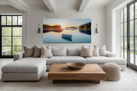 Serene Lake Sunrise With Boat Canvas Wall Art