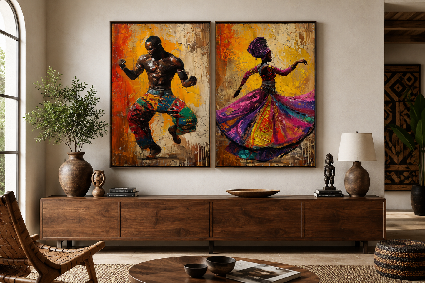 African Man And Woman Dancing Traditional Dance Framed Canvas Wall Art For African Wall Decor