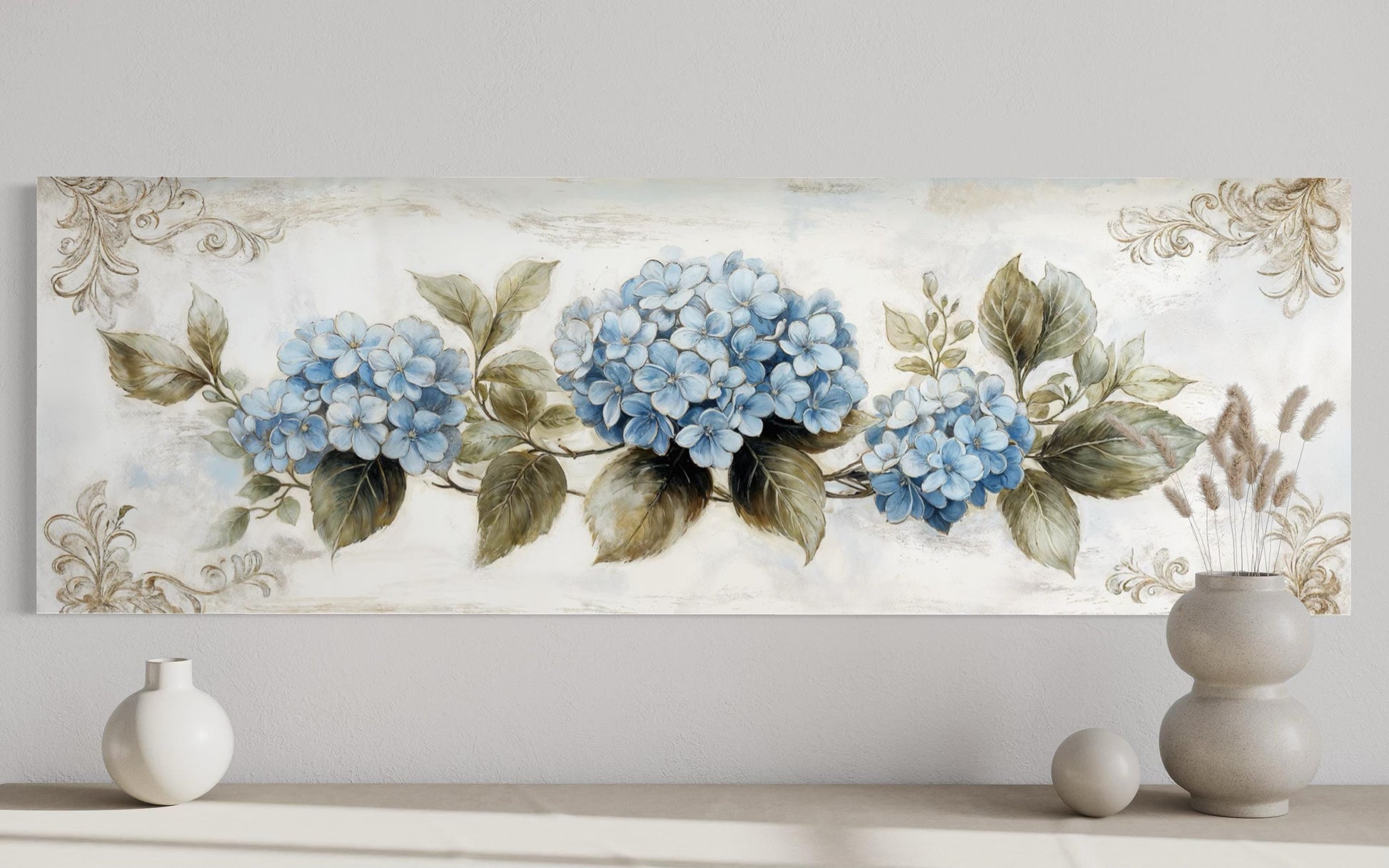 Shabby Chic Blue Hydrangea Long Horizontal Canvas Wall Art Above Bed Decor