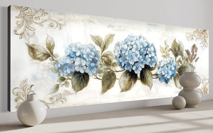 Shabby Chic Blue Hydrangea Long Horizontal Canvas Wall Art Above Bed Decor