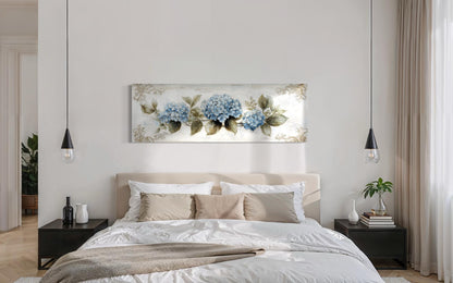 Shabby Chic Blue Hydrangea Long Horizontal Canvas Wall Art Above Bed Decor