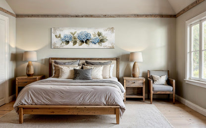 Shabby Chic Blue Hydrangea Long Horizontal Canvas Wall Art Above Bed Decor