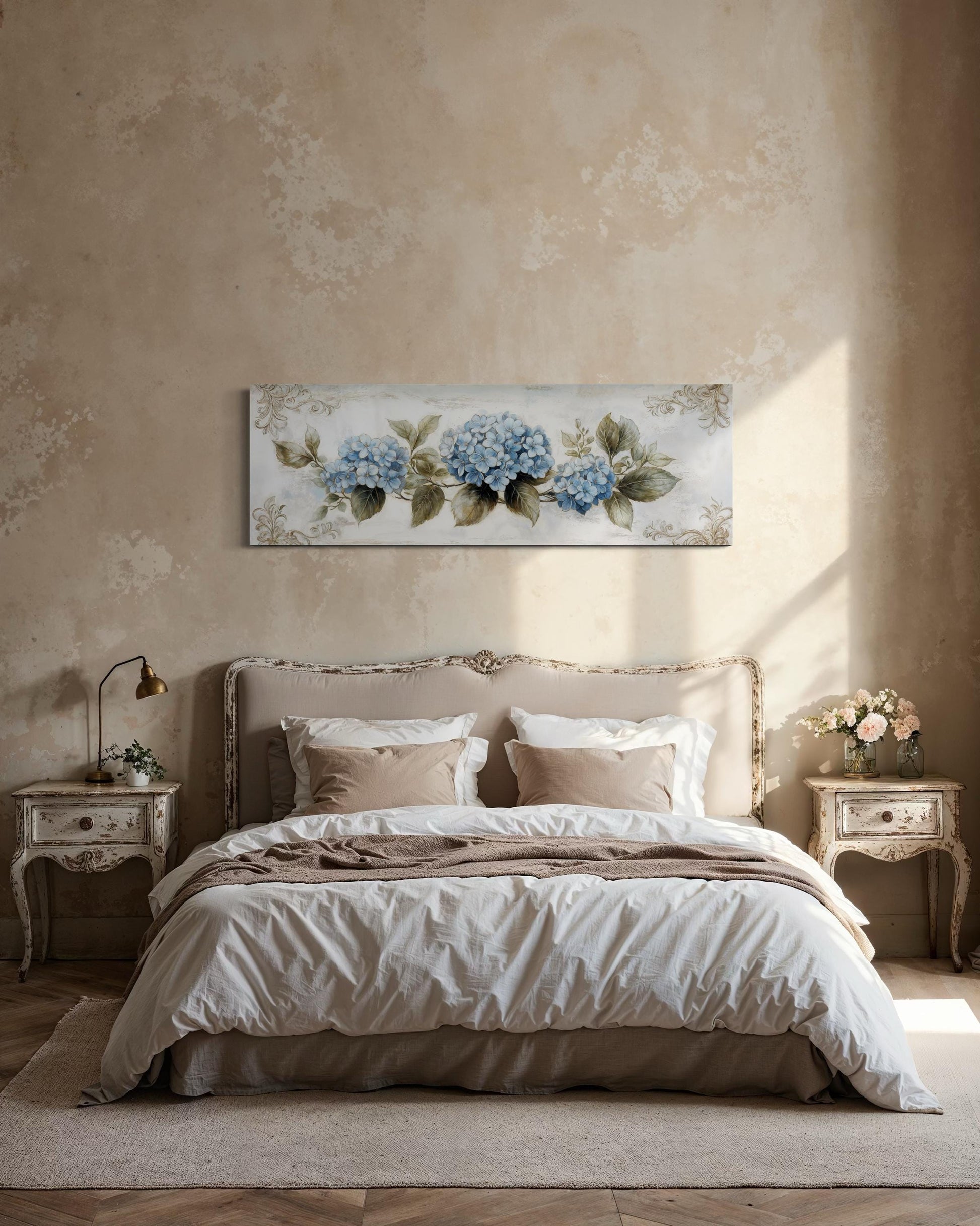 Shabby Chic Blue Hydrangea Long Horizontal Canvas Wall Art Above Bed Decor