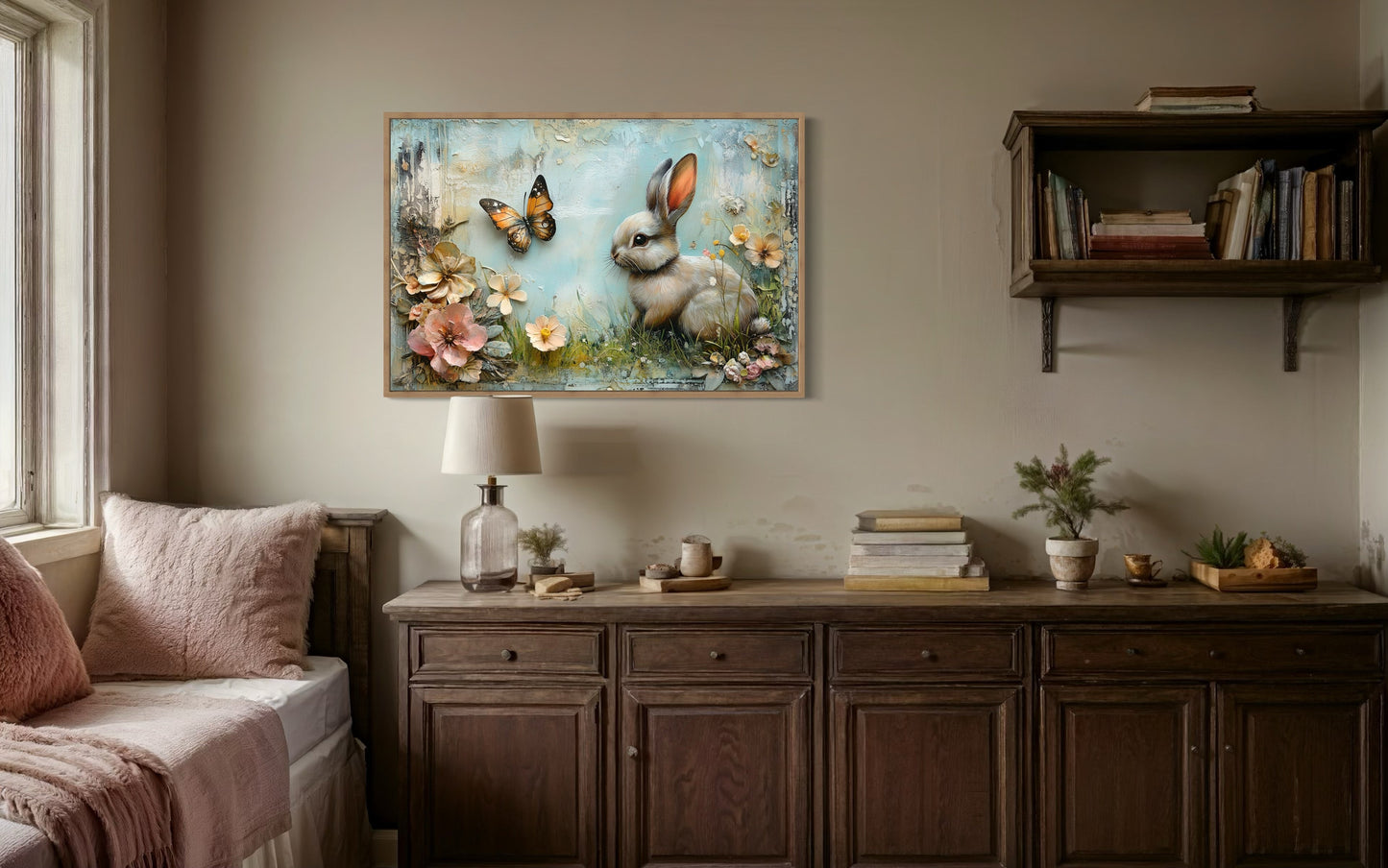 Shabby Chic Bunny In Floral Meadow Farmhouse Wall Art