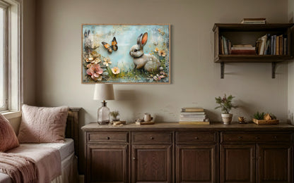 Shabby Chic Bunny In Floral Meadow Farmhouse Wall Art