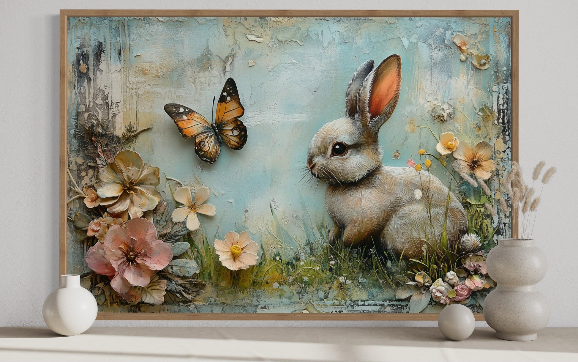 Shabby Chic Bunny In Floral Meadow Farmhouse Wall Art