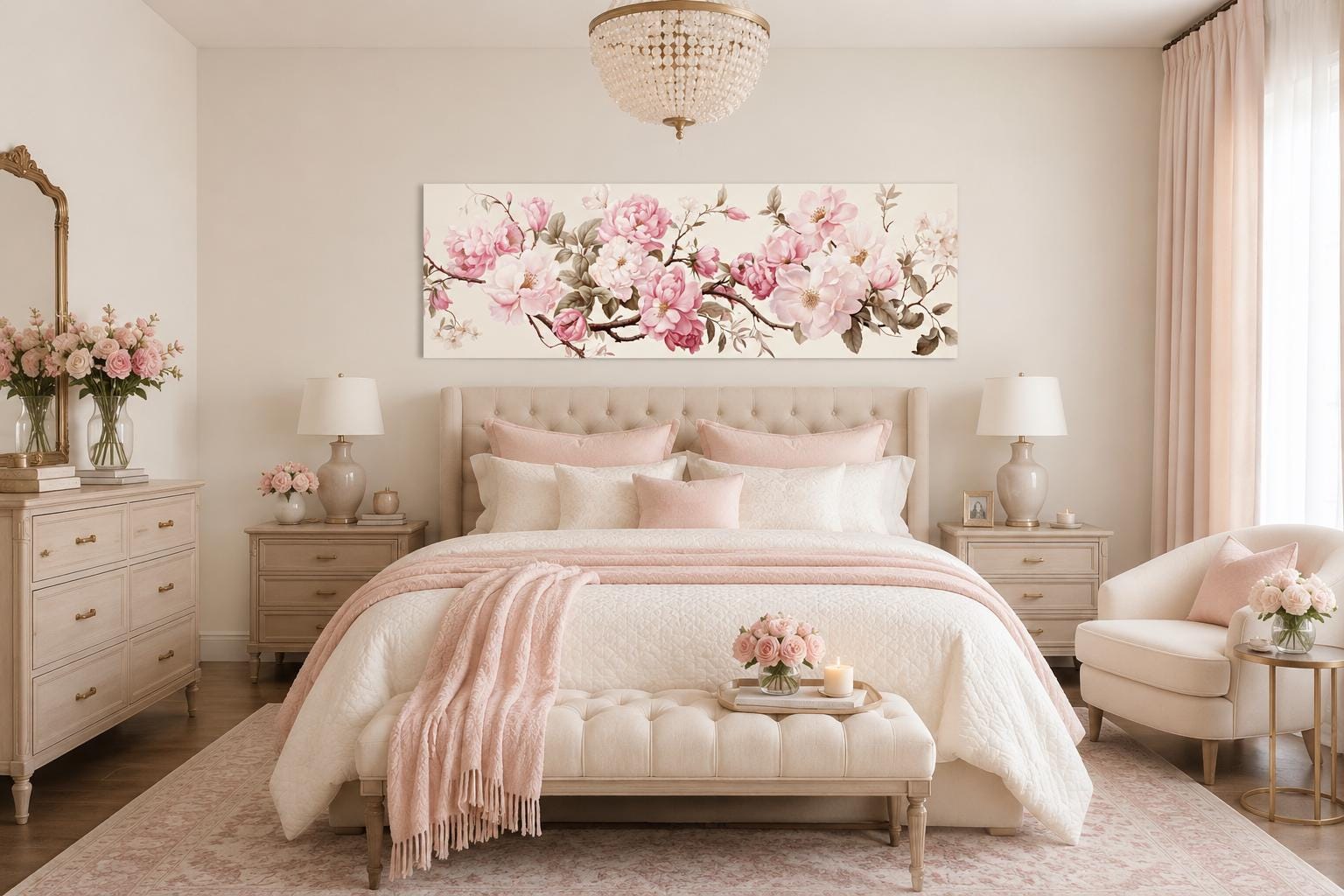 Shabby Chic Pink Green Floral Long Horizontal Wall Art Above Bed Decor