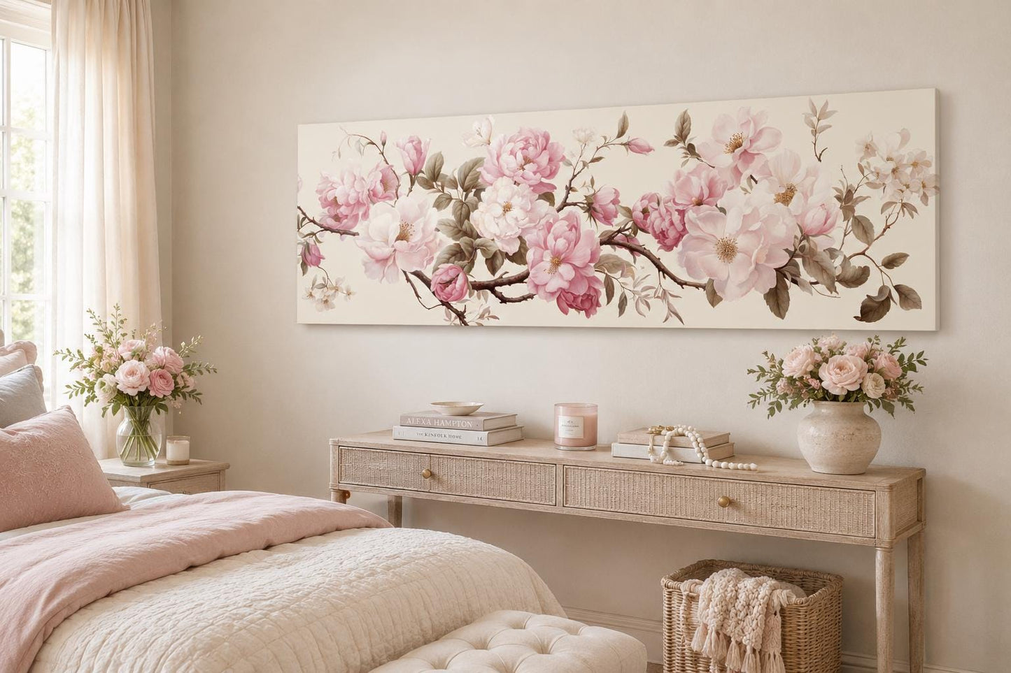 Shabby Chic Pink Green Floral Long Horizontal Wall Art Above Bed Decor