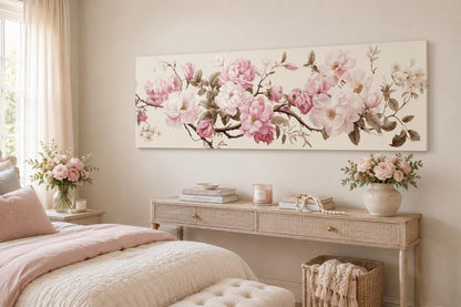 Shabby Chic Pink Green Floral Long Horizontal Wall Art Above Bed Decor