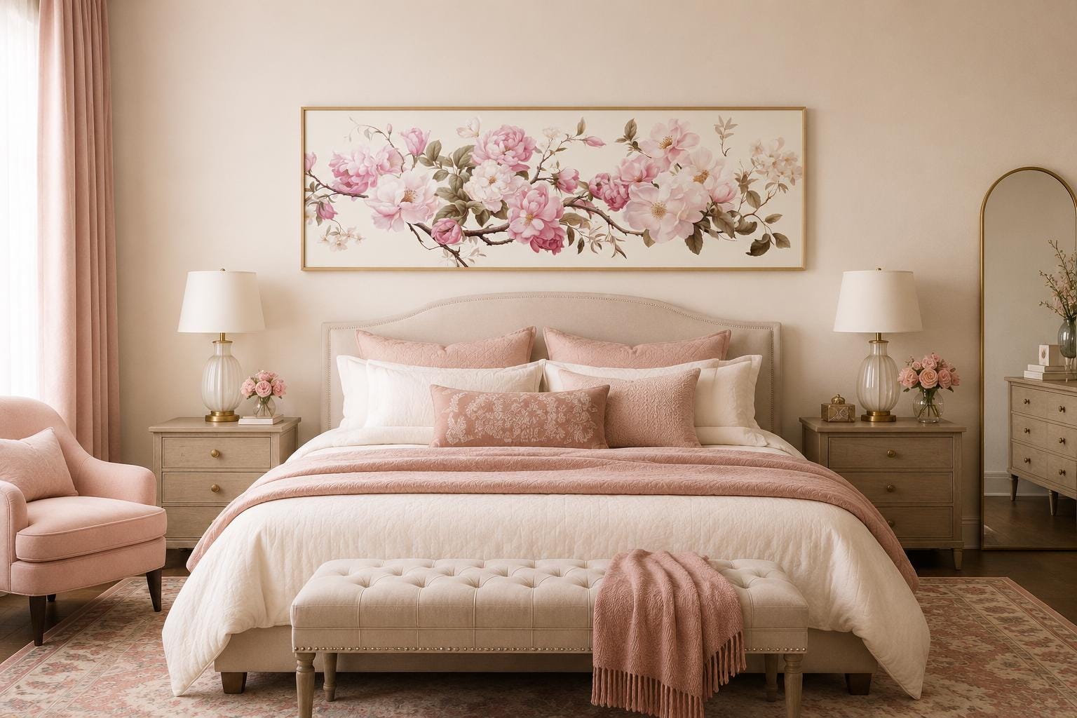 Shabby Chic Pink Green Floral Long Horizontal Wall Art Above Bed Decor