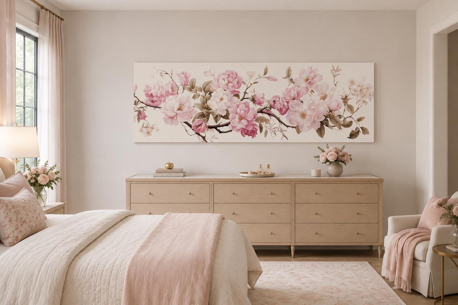 Shabby Chic Pink Green Floral Long Horizontal Wall Art Above Bed Decor