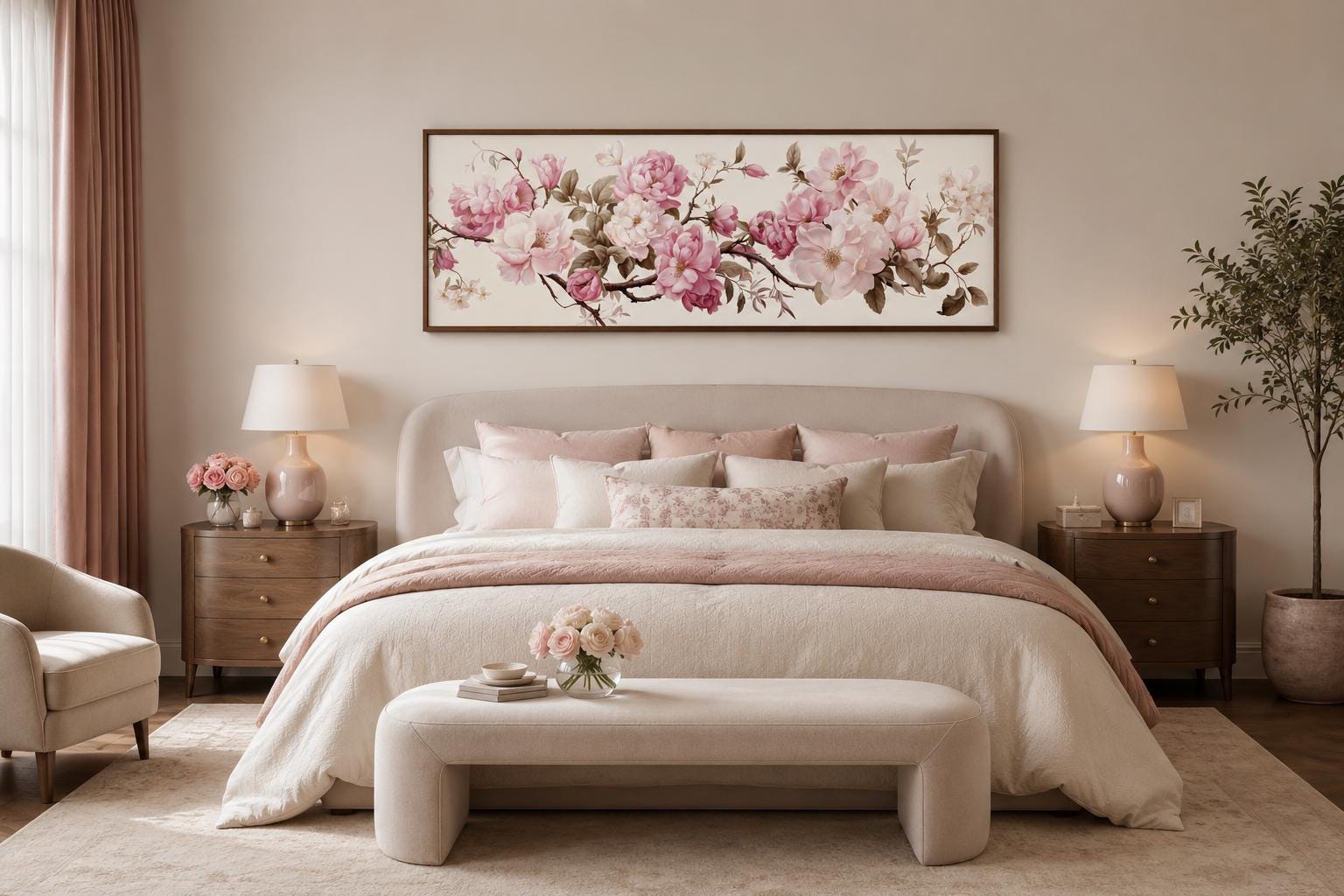Shabby Chic Pink Green Floral Long Horizontal Wall Art Above Bed Decor