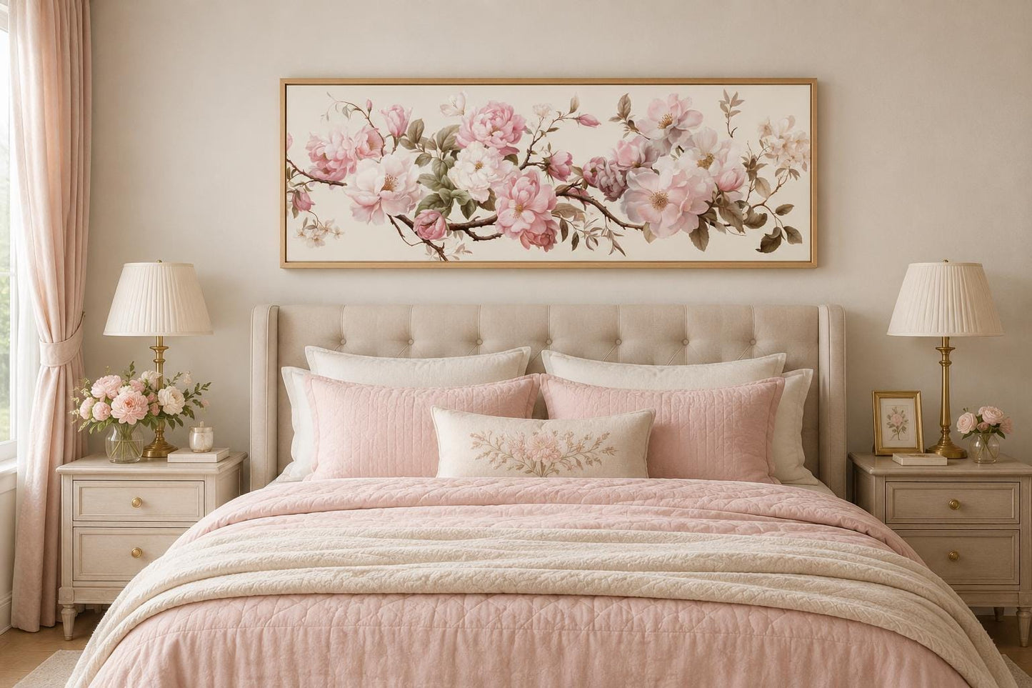Shabby Chic Pink Green Floral Long Horizontal Wall Art Above Bed Decor