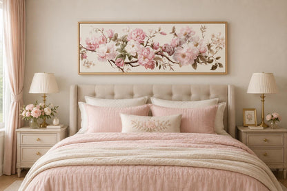 Shabby Chic Pink Green Floral Long Horizontal Wall Art Above Bed Decor