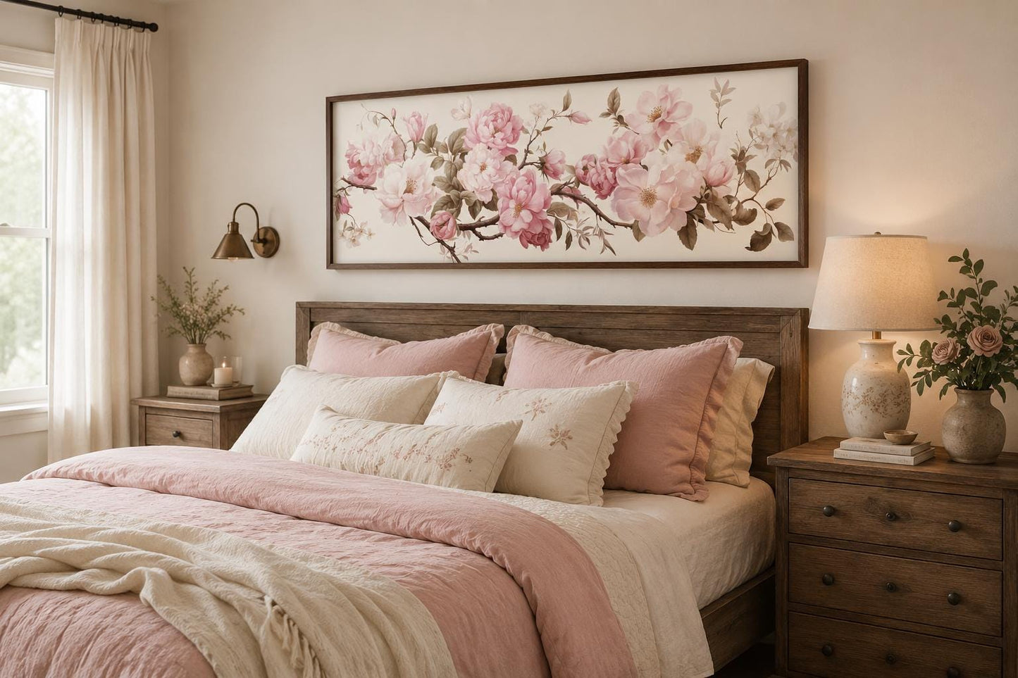 Shabby Chic Pink Green Floral Long Horizontal Wall Art Above Bed Decor