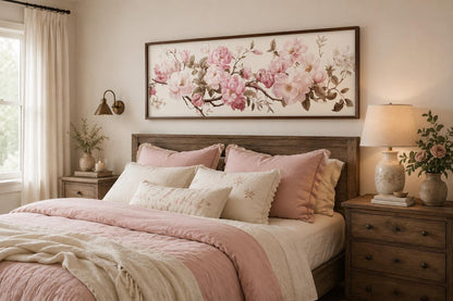 Shabby Chic Pink Green Floral Long Horizontal Wall Art Above Bed Decor
