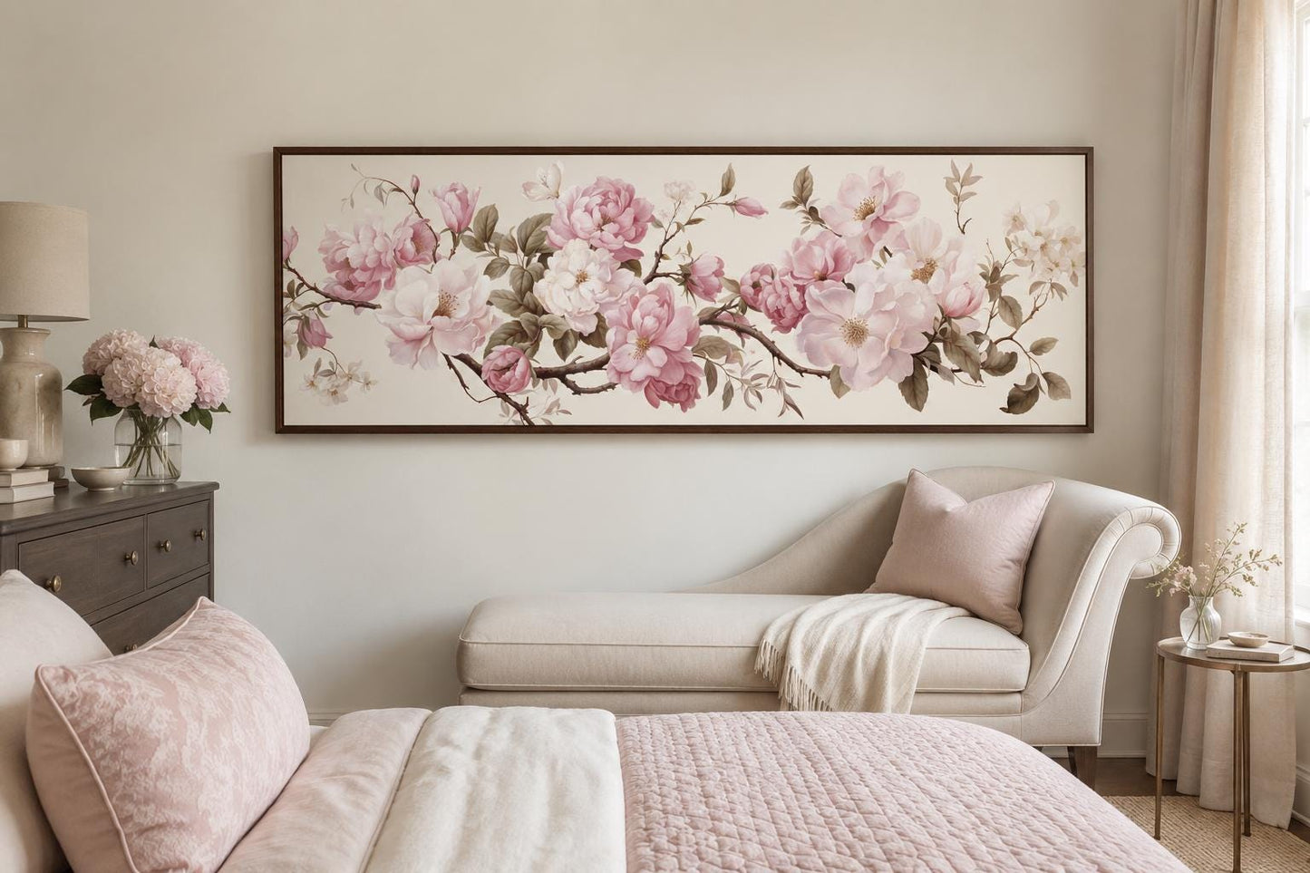 Shabby Chic Pink Green Floral Long Horizontal Wall Art Above Bed Decor