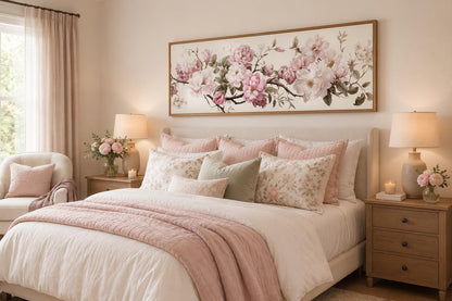 Shabby Chic Pink Green Floral Long Horizontal Wall Art Above Bed Decor
