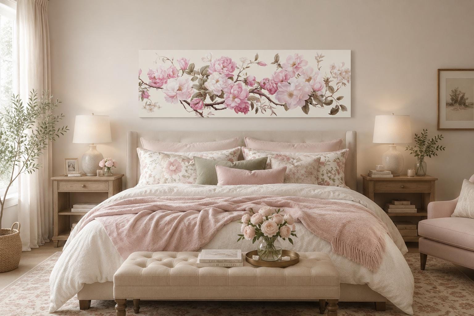 Shabby Chic Pink Green Floral Long Horizontal Wall Art Above Bed Decor