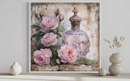 Shabby Chic Pink Perfume And Roses Framed BathRoom Canvas Wall Art