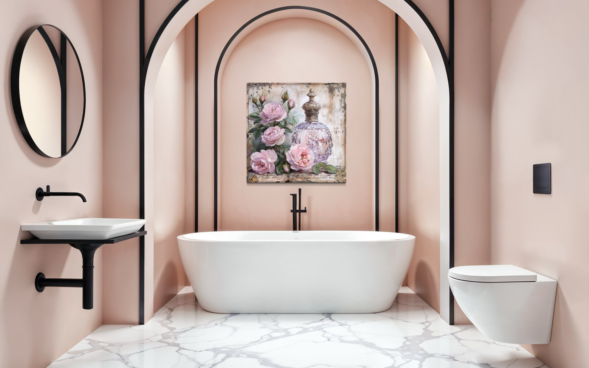 Shabby Chic Pink Perfume And Roses Framed BathRoom Canvas Wall Art