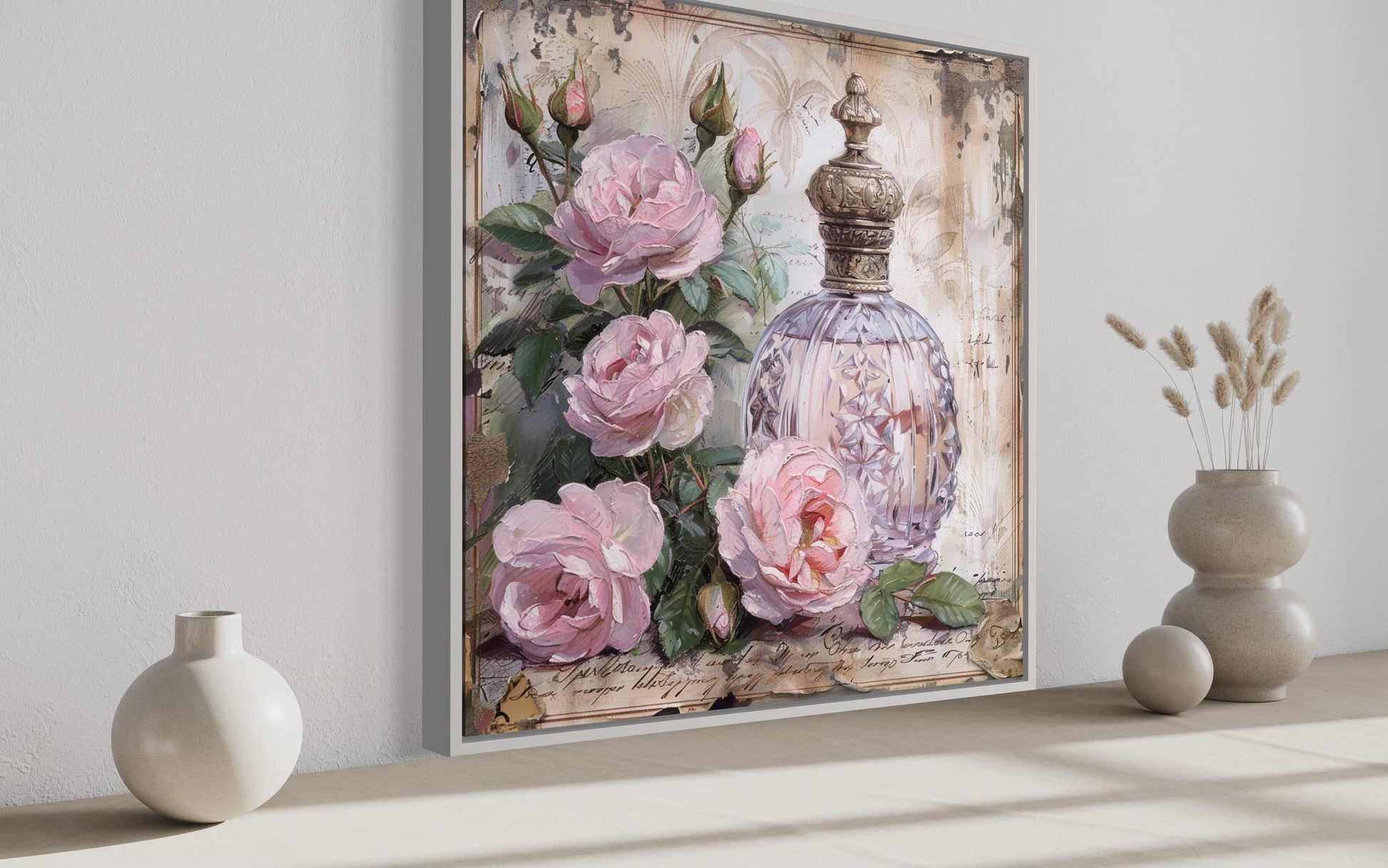 Shabby Chic Pink Perfume And Roses Framed BathRoom Canvas Wall Art
