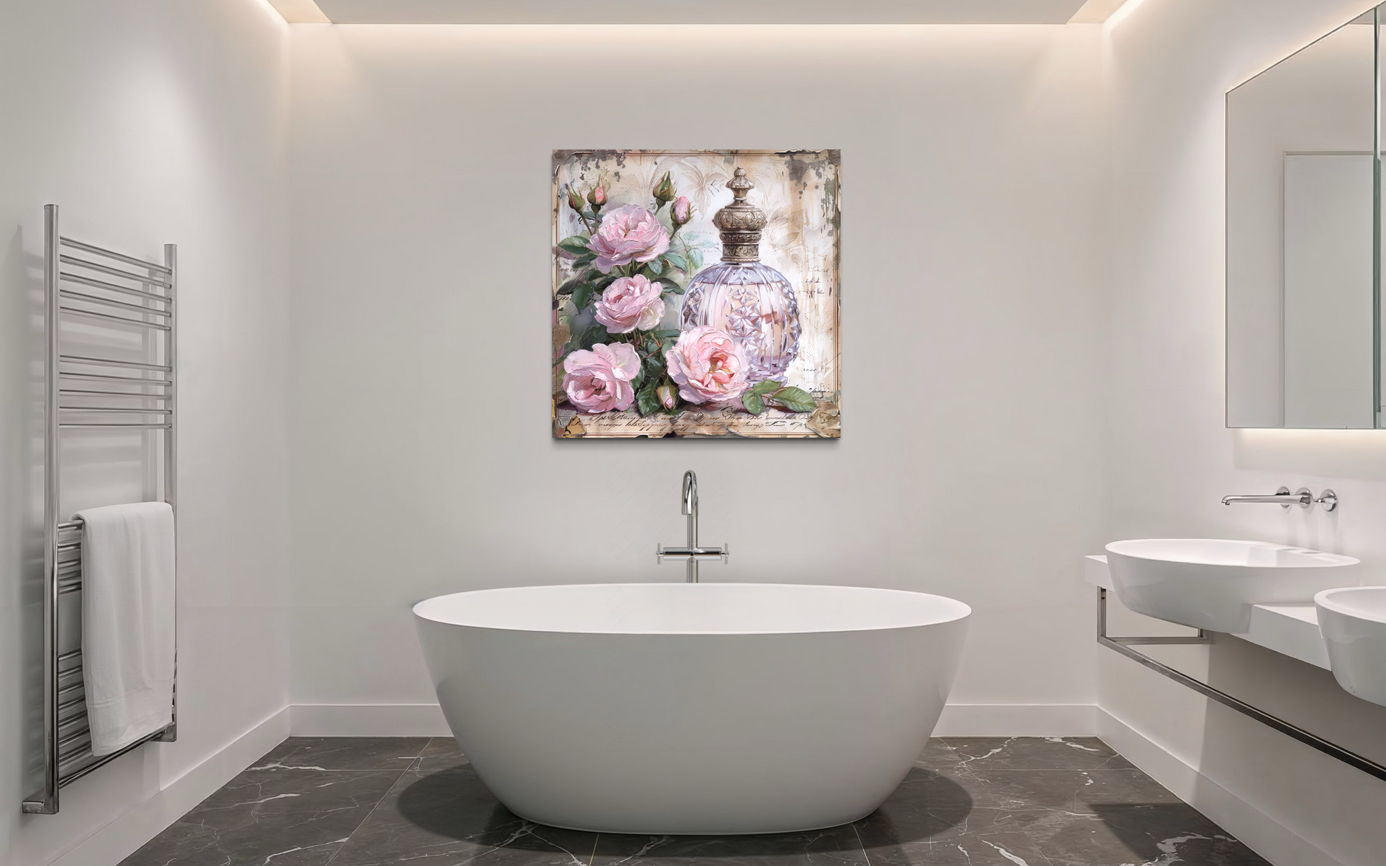 Shabby Chic Pink Perfume And Roses Framed BathRoom Canvas Wall Art