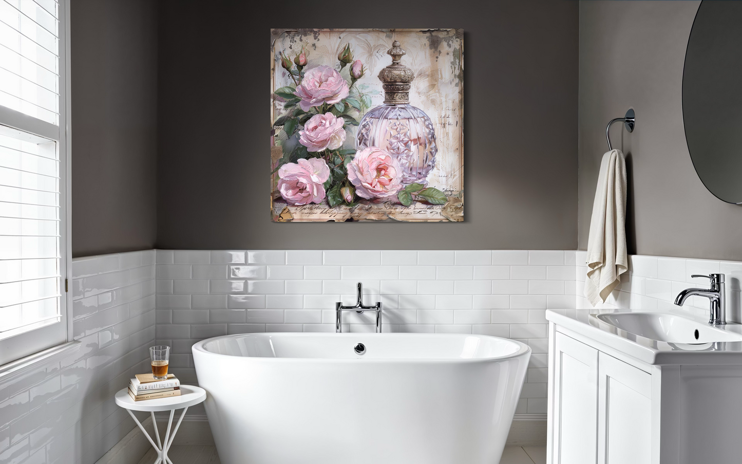Shabby Chic Pink Perfume And Roses Framed BathRoom Canvas Wall Art