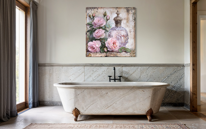 Shabby Chic Pink Perfume And Roses Framed BathRoom Canvas Wall Art