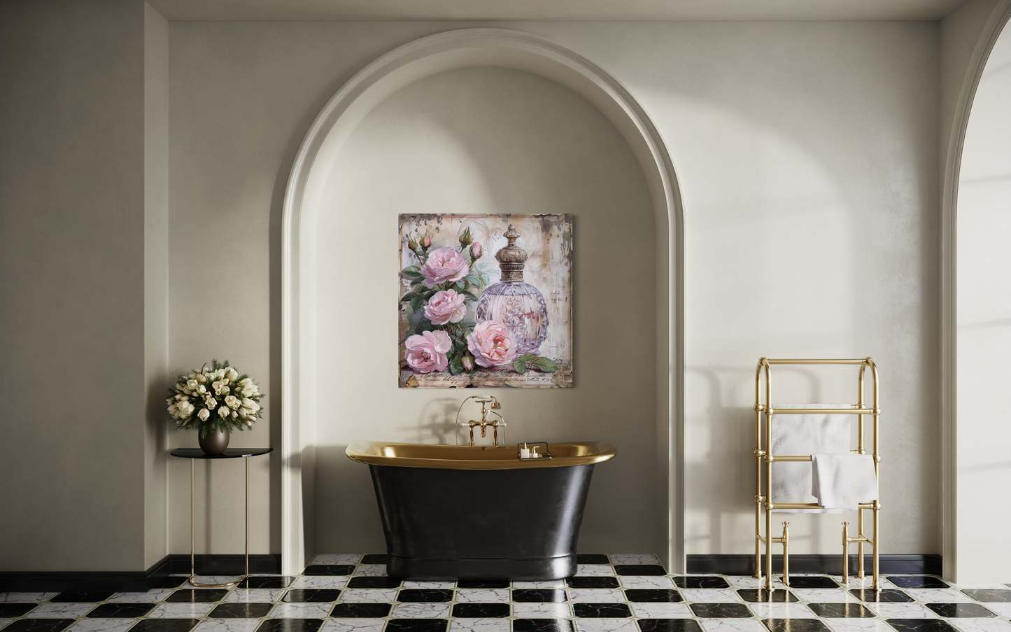 Shabby Chic Pink Perfume And Roses Framed BathRoom Canvas Wall Art