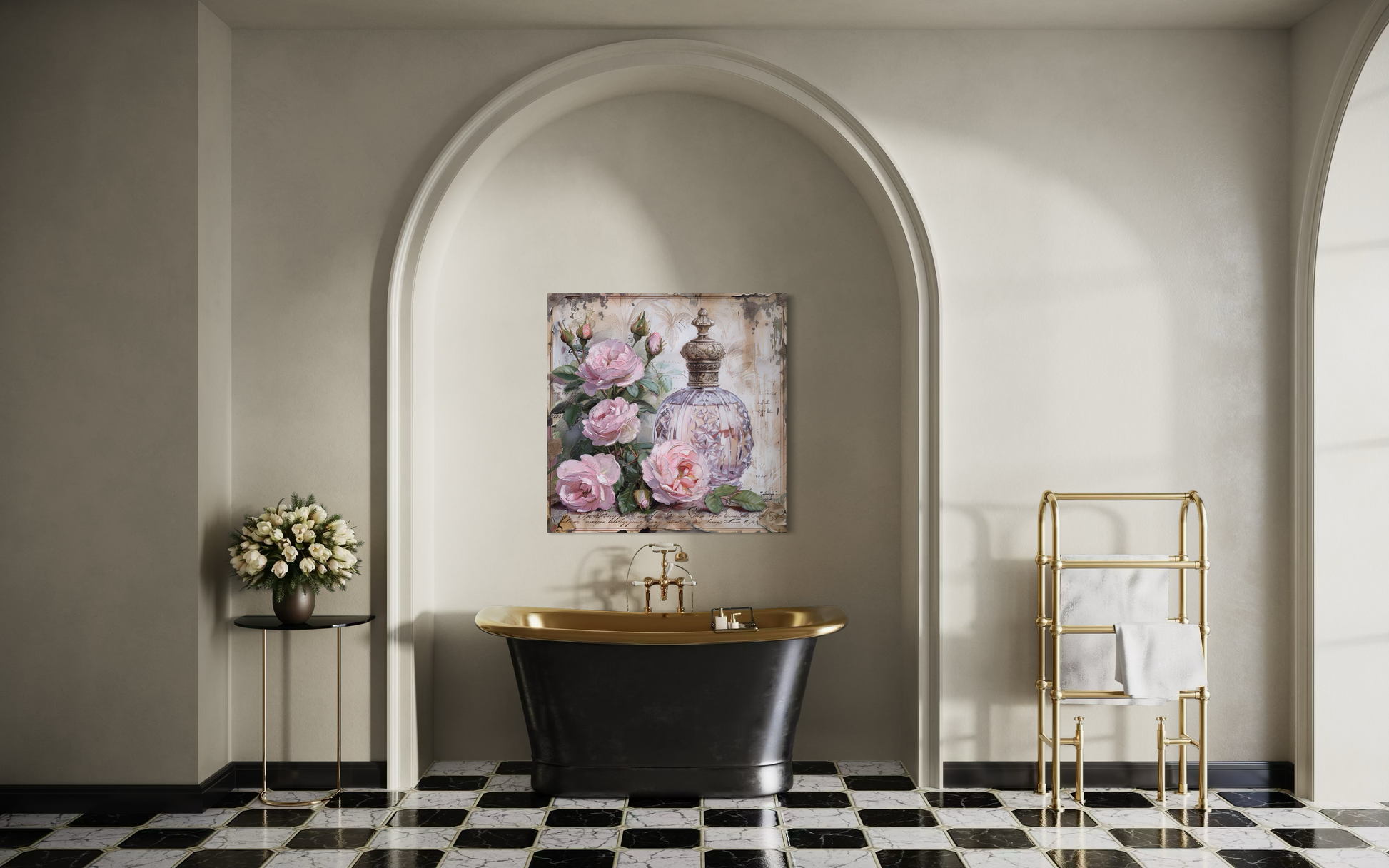 Shabby Chic Pink Perfume And Roses Framed BathRoom Canvas Wall Art