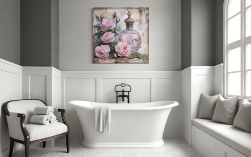 Shabby Chic Pink Perfume And Roses Framed BathRoom Canvas Wall Art