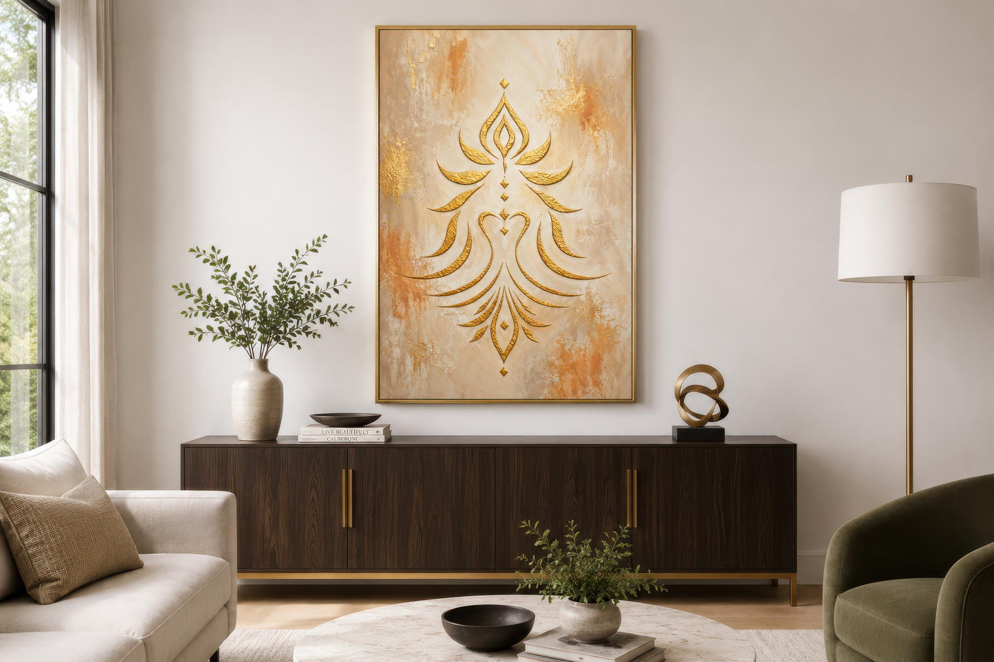 Shakti Wall Art – Minimalist Gold Symbol on Cream & Terracotta Canvas Print