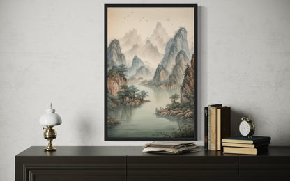 Shan Shui Hua Canvas Wall Art Traditional Chinese Mountains River Landscape -Zen Decor