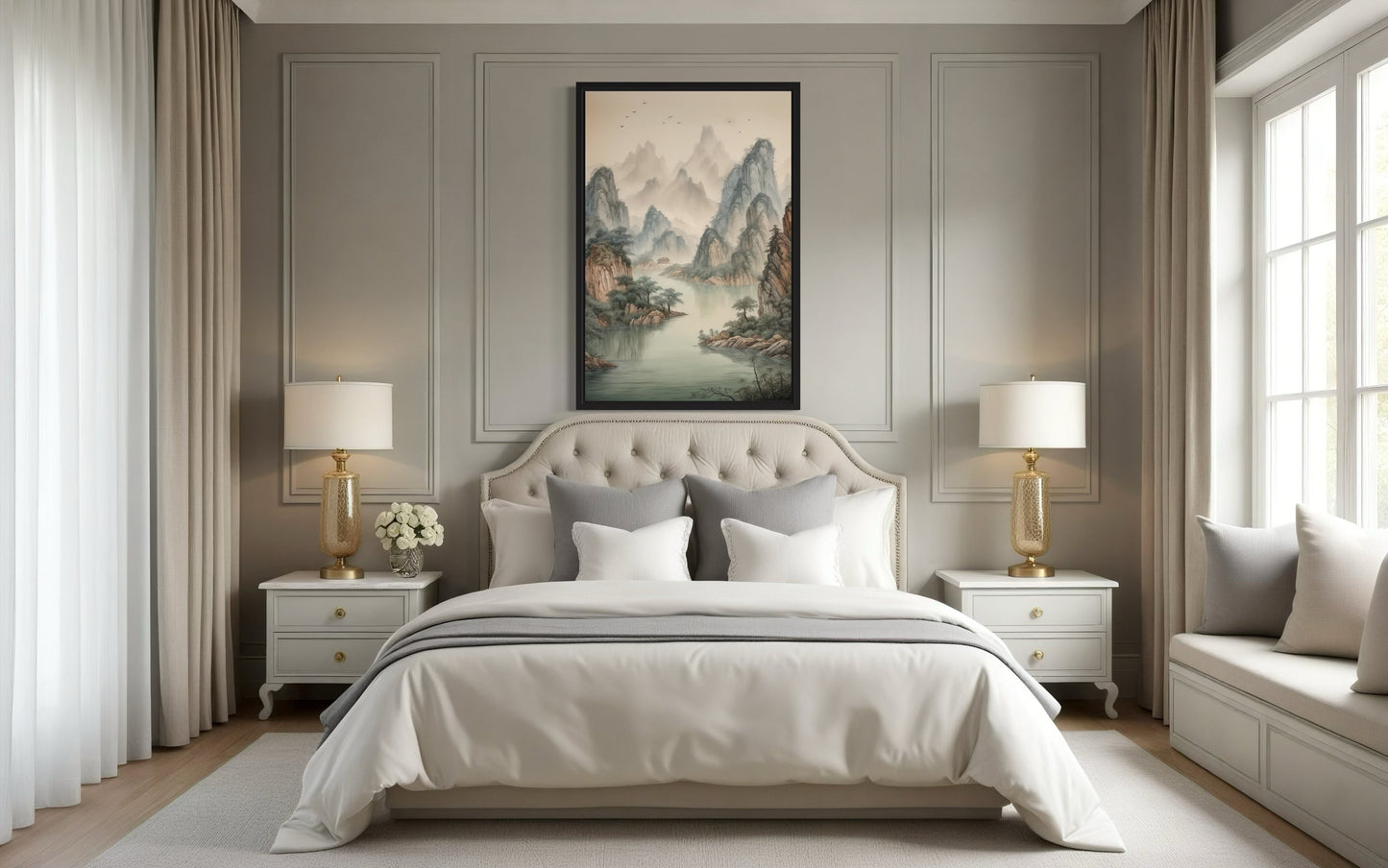 Shan Shui Hua Canvas Wall Art Traditional Chinese Mountains River Landscape -Zen Decor